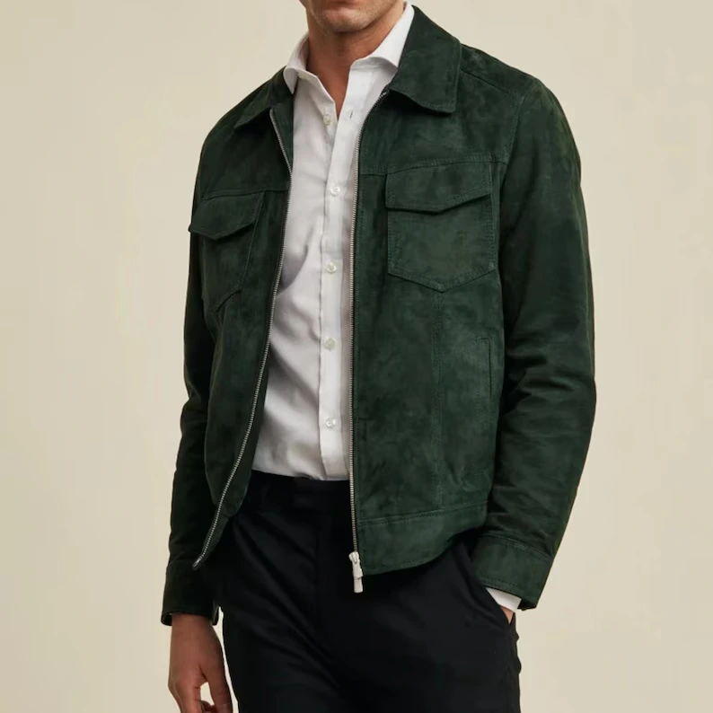 Handcrafted Green Suede Leather Jacket for Men