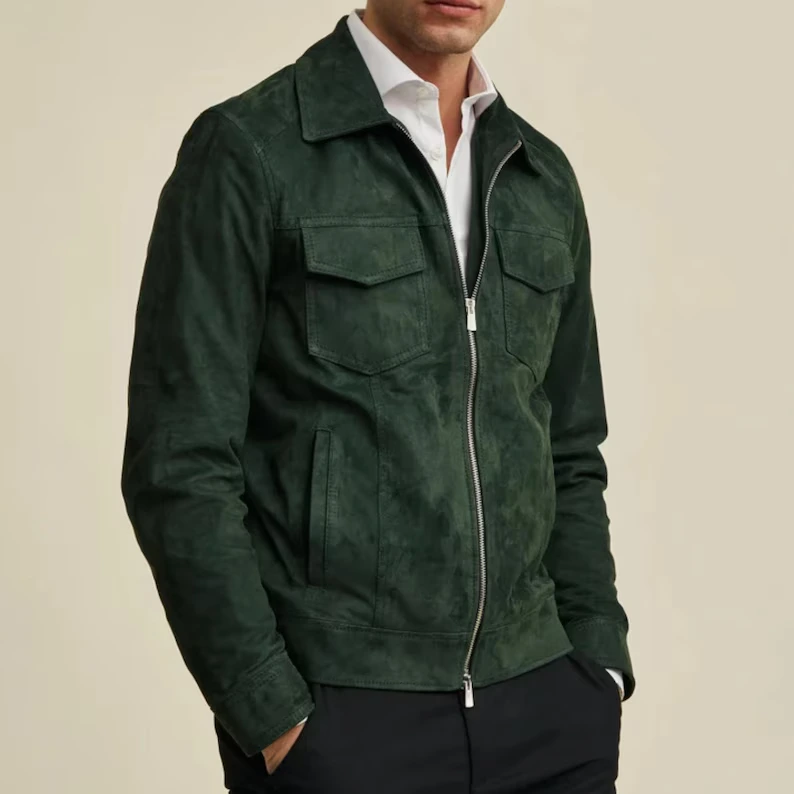 Handcrafted Green Suede Leather Jacket for Men — image 3